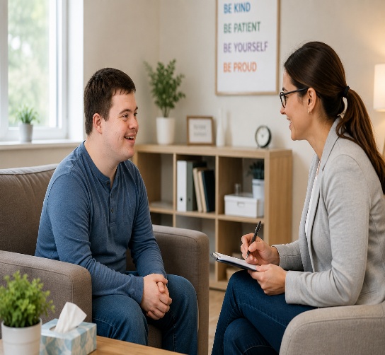 A clinician meeting one-on-one with a young man in a bright office