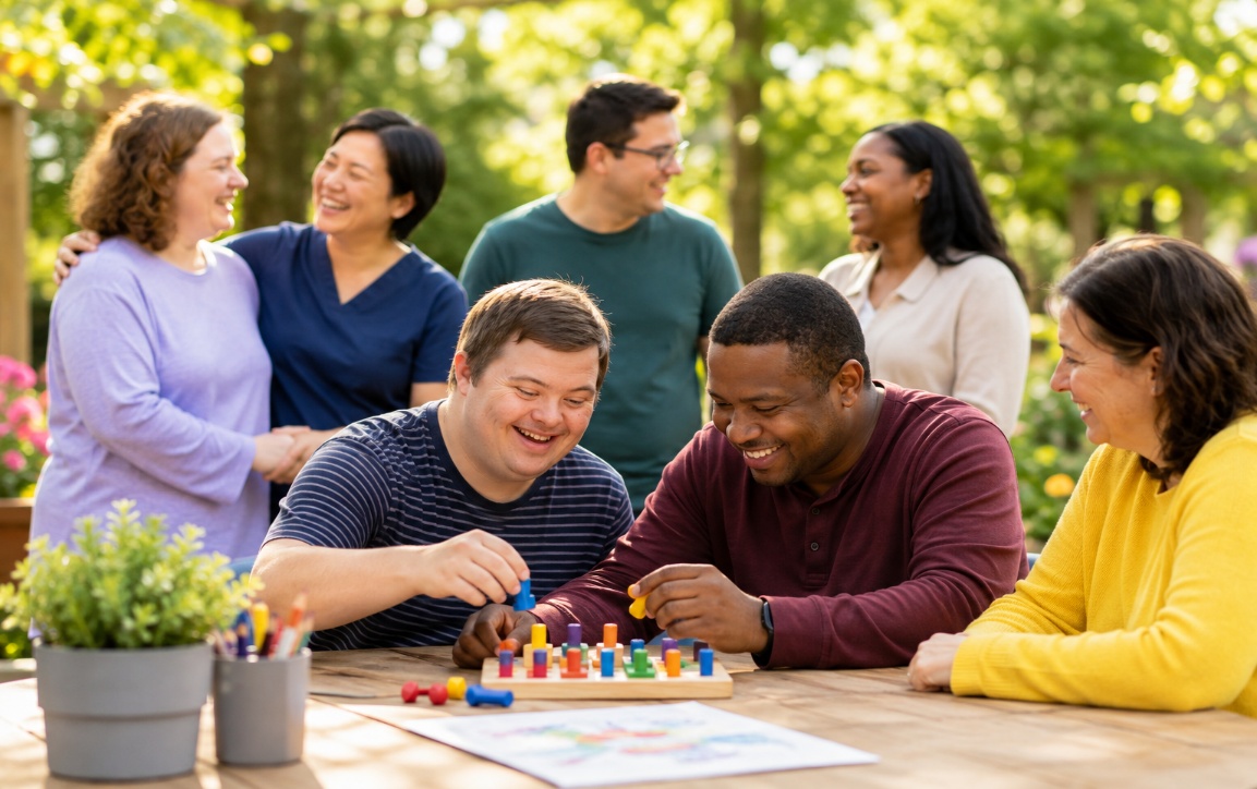 A joyful group of individuals and support staff playing a game together outdoors