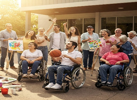 A cheerful group outdoors enjoying basketball and painting activities