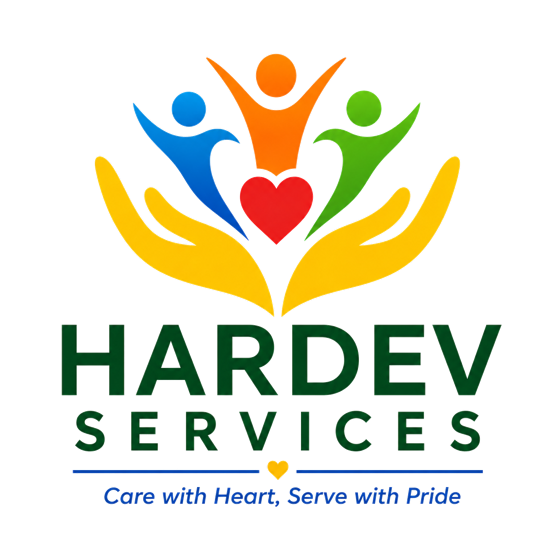 Hardev Services Inc. logo — colorful figures held by golden hands above a red heart