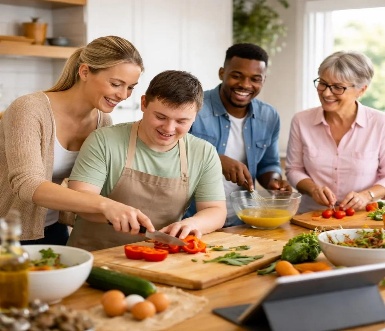 A family preparing a meal together in a warm kitchen